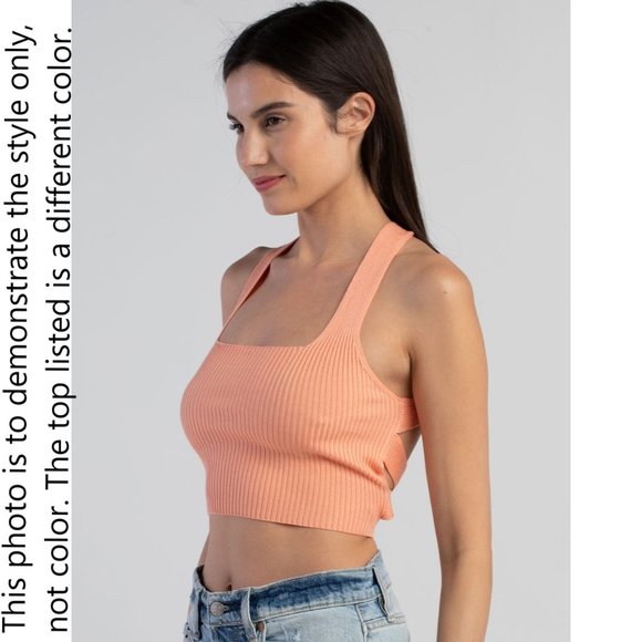 Love Tree Pink Ribbed Square Neck Tie Back Crop Tank Top Size S NWT - Picture 7 of 8